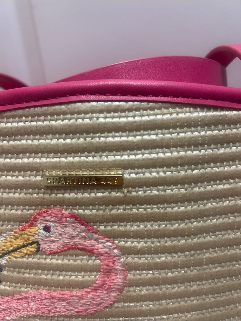 Spartina 449 Pink-Trim Straw Tote with Embroidered Flamingo - Picture 2 of 6